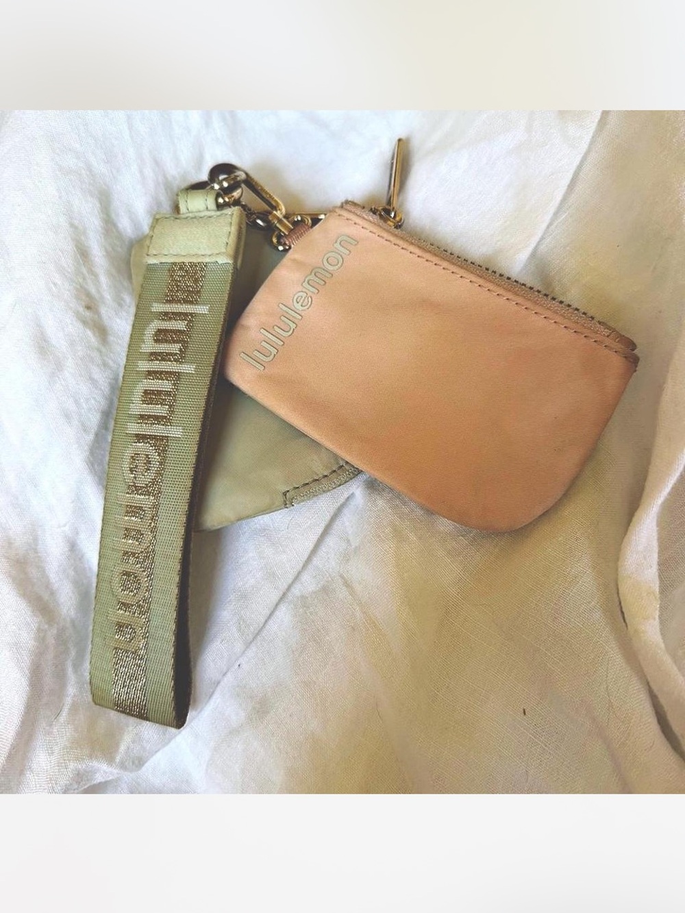 lululemon athletica Blush Pink Leather Zip Pouch with Olive Logo Strap